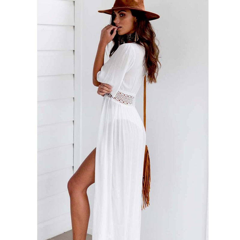 Long Beach Dress with Lace Detail and Bow Closure – Elara-White-XS-State of Style