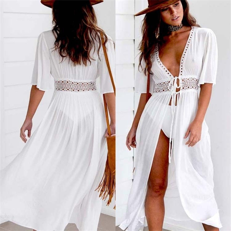 Flowy Summer Maxi Dress with Lace Trim - Pexav