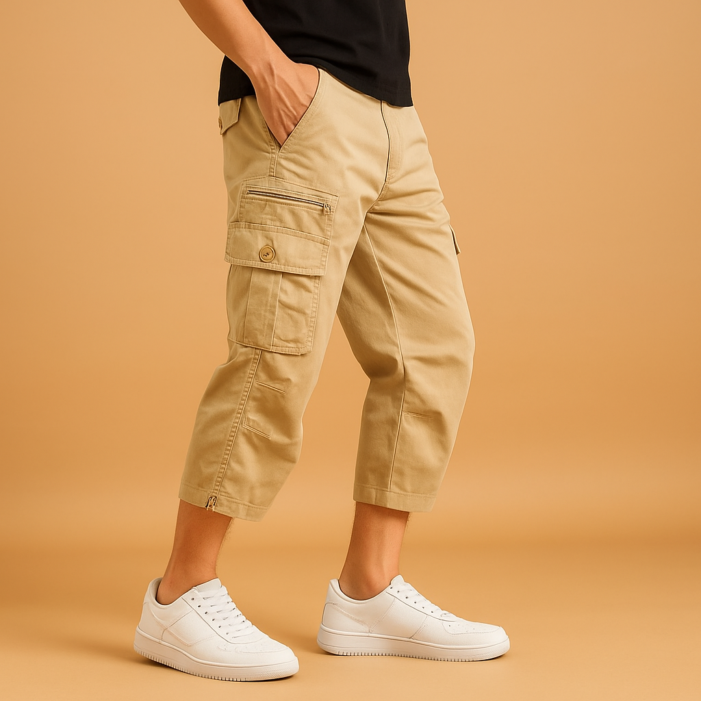 Men’s long cargo shorts with breathable cotton fabric and multiple pockets, ideal for summer, travel, and outdoor activities.