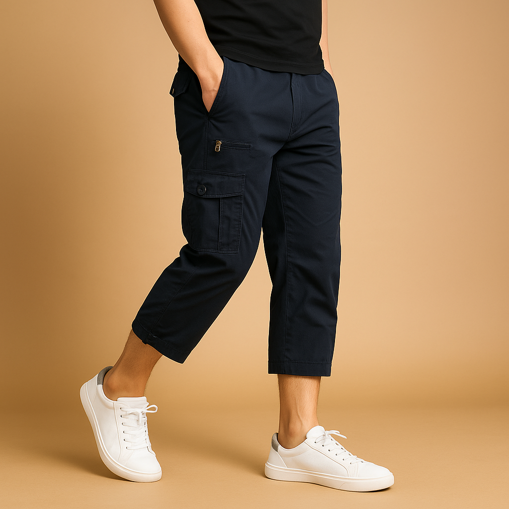 Men’s long cargo shorts with breathable cotton fabric and multiple pockets, ideal for summer, travel, and outdoor activities.