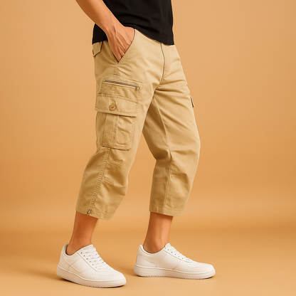 Men’s long cargo shorts made from breathable cotton with multiple pockets, available in gray, khaki, green, black, and navy for summer wear.