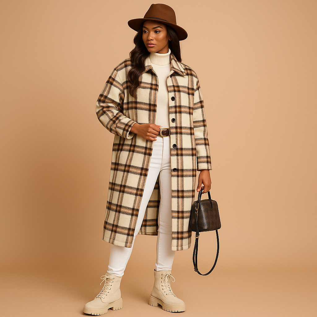 Women’s long checked tailored coat with classic lapel and elegant fit, suitable for everyday outfits and formal occasions.