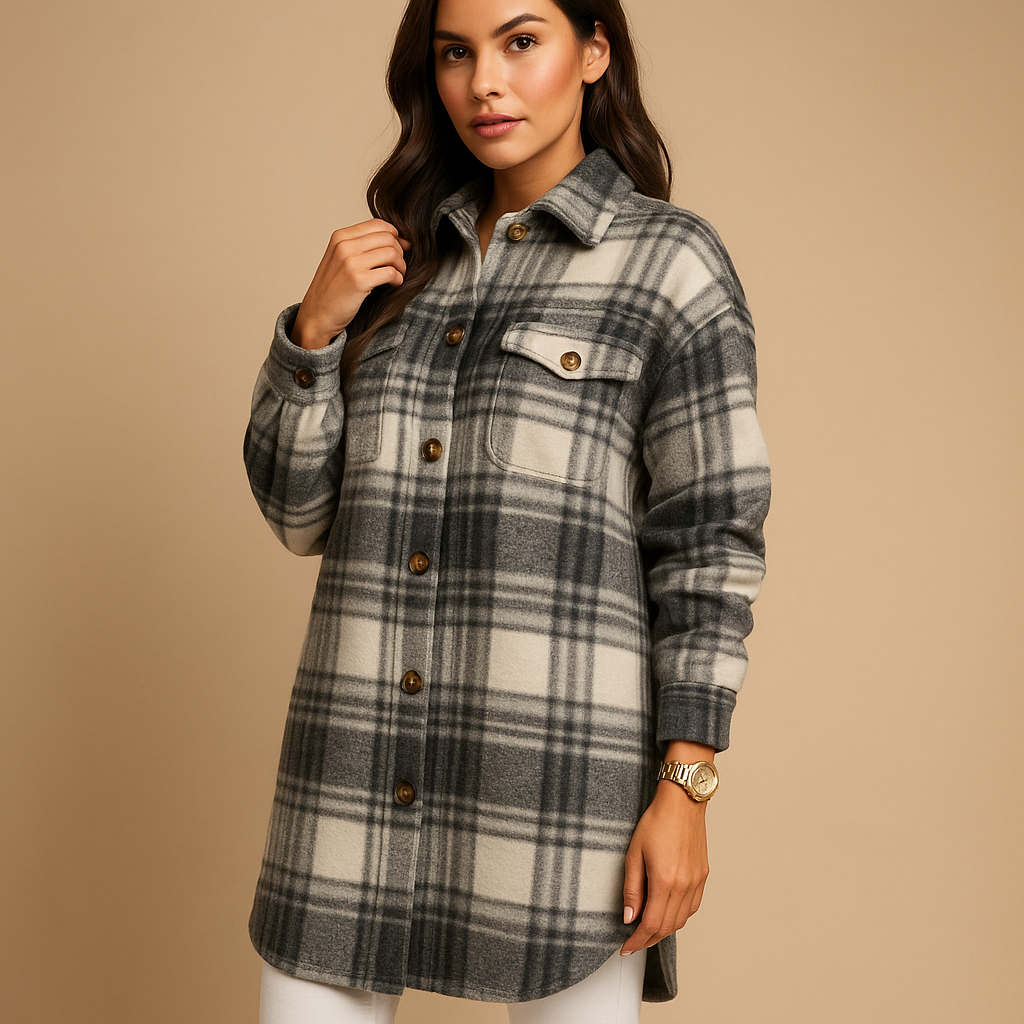 Women’s long checked tailored coat with classic lapel and elegant fit, suitable for everyday outfits and formal occasions.