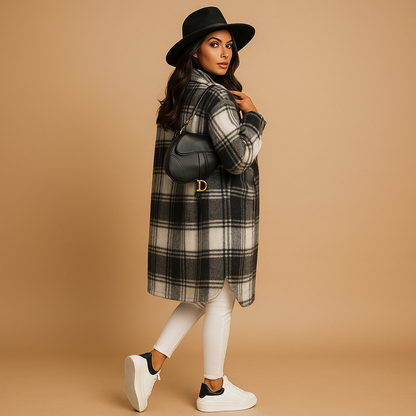 Women’s long checkered coat in brown, light khaki, or green. Tailored fit with classic lapel and button closure, made with soft wool-look fabric.