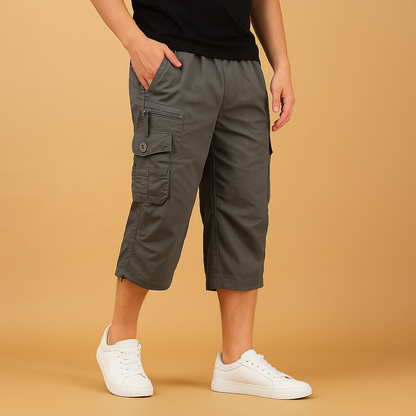 Men’s long cotton cargo shorts with breathable fabric, relaxed fit, and multiple functional pockets. Perfect for summer, outdoor activities, and casual wear.