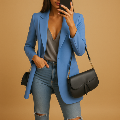 Long elegant blazer for women with slim silhouette and premium fabric, ideal for office, formal events or stylish casual outfits.