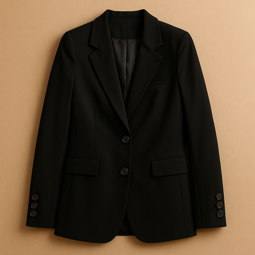 Long elegant blazer for women in classic neutral tones, ideal for formal outfits and casual styling.