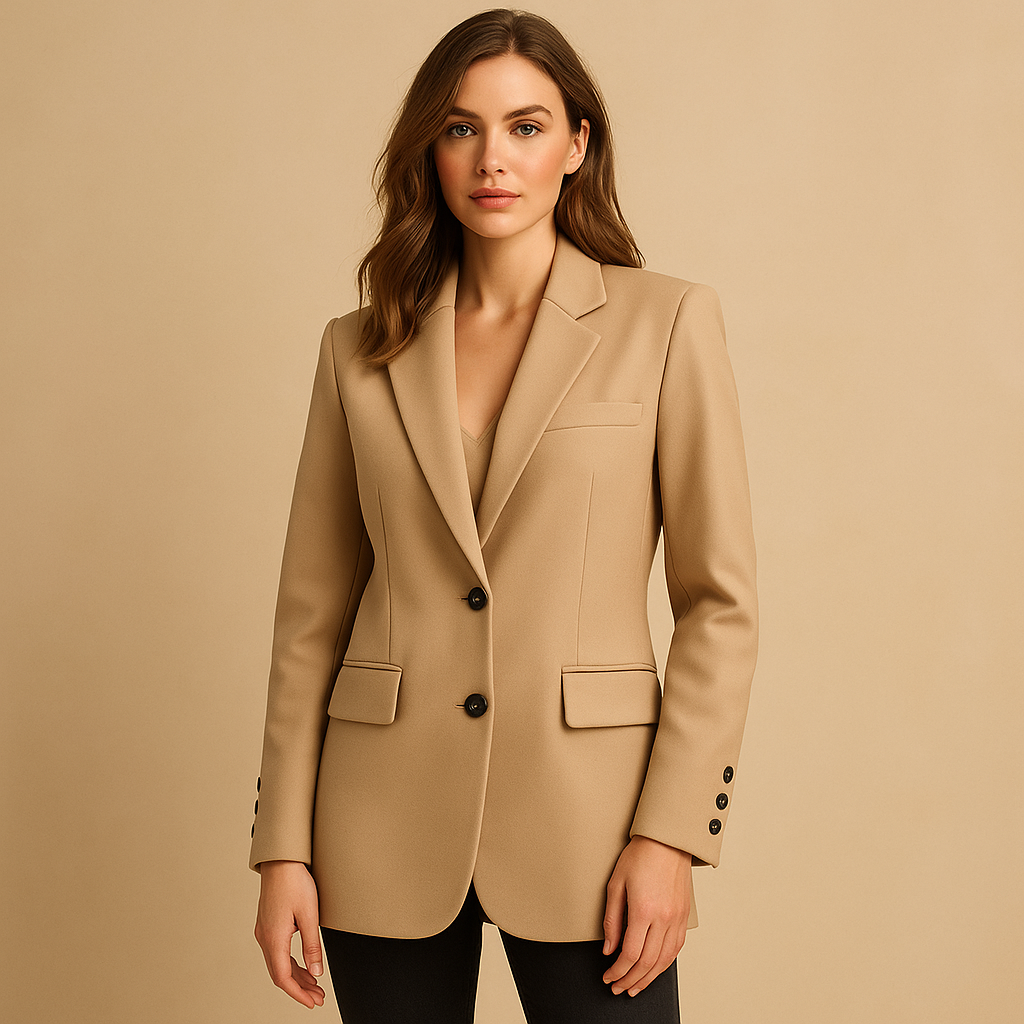 Long elegant blazer for women in classic neutral tones, ideal for formal outfits and casual styling.