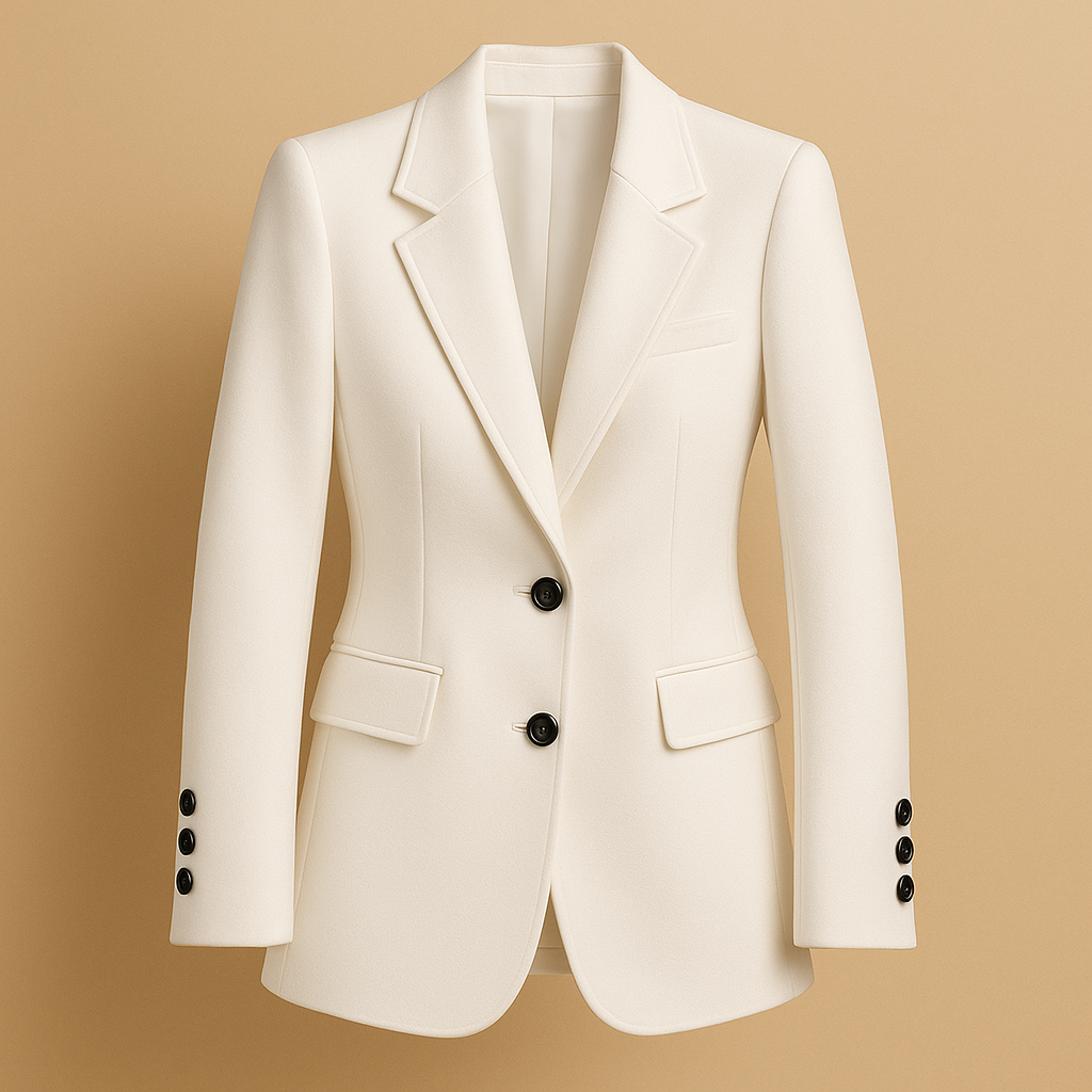 Long elegant blazer for women in classic neutral tones, ideal for formal outfits and casual styling.