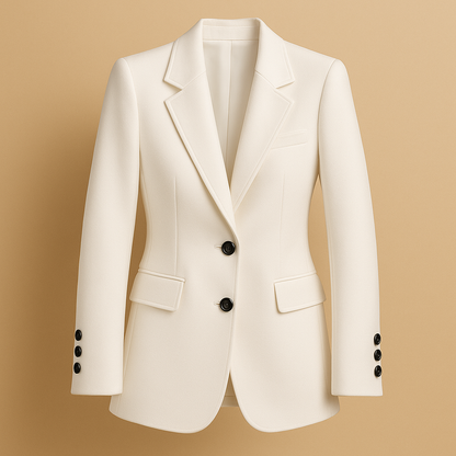 Long elegant blazer for women in classic neutral tones, ideal for formal outfits and casual styling.