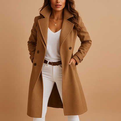 Sophia long elegant coat for women with tailored fit, button closure, and classic collar. Available in Gray, Brown, and Black.