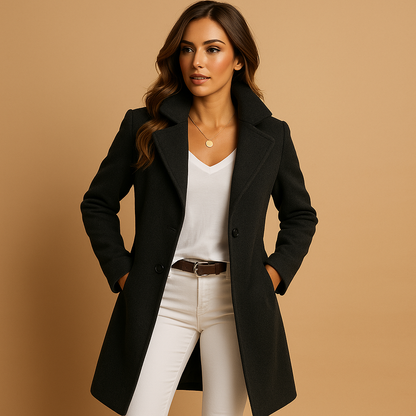 Selena long elegant coat for women with classic collar, button closure, and tailored fit. Available in Gray, Brown, and Black.