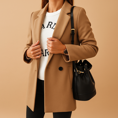 Women’s long elegant jacket with classic silhouette, refined finish, and flattering cut. Available in neutral shades for stylish autumn and winter wear.