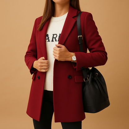 Women’s long elegant jacket with classic silhouette, refined finish, and flattering cut. Available in neutral tones for versatile autumn and winter wear.