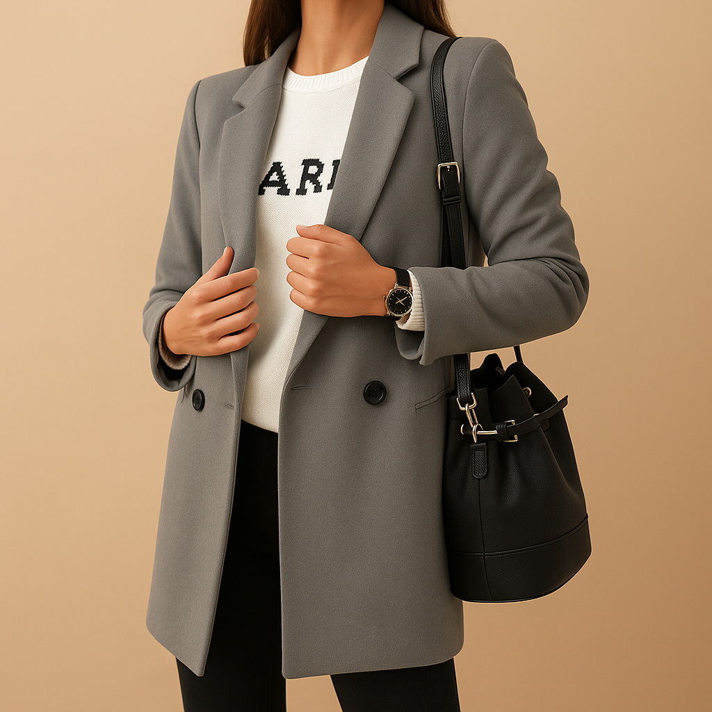 Marissa long elegant jacket for women with classic silhouette, refined finish, and comfortable fit. Available in neutral tones for all seasons.