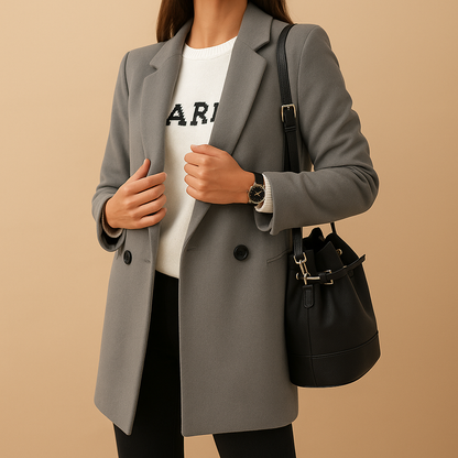 Marissa long elegant jacket for women with classic silhouette, refined finish, and comfortable fit. Available in neutral tones for all seasons.