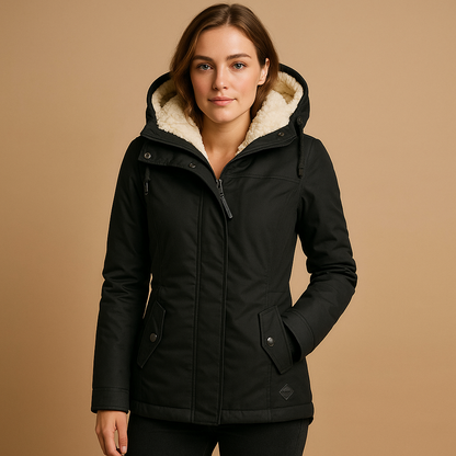 Women’s long elegant winter coat with a tailored fit and insulating lining, suitable for winter days, commuting, and formal occasions.