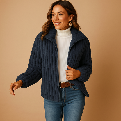 Women’s long fleece cardigan with stand-up collar and relaxed fit, perfect for layering during cool weather and cozy days.