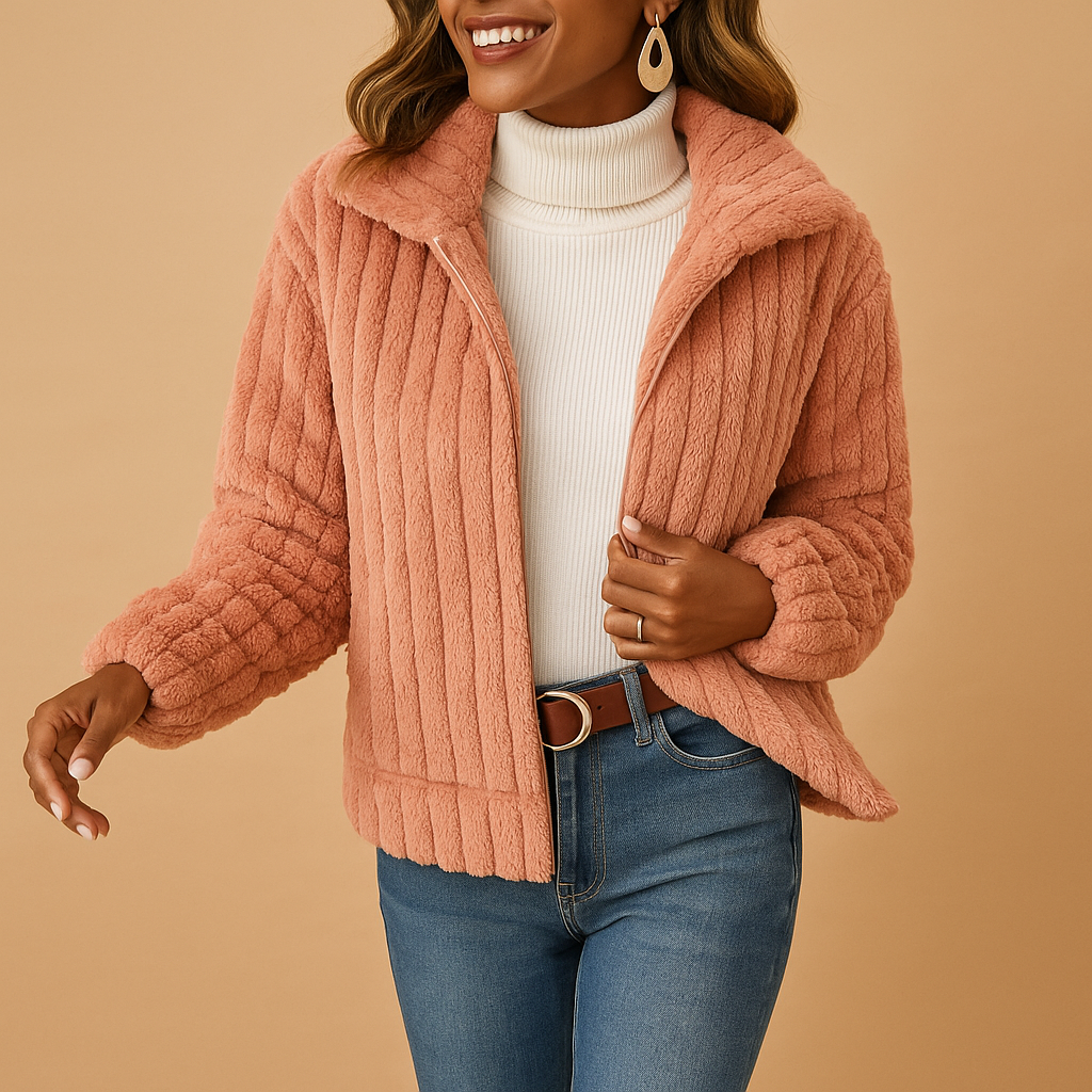 Women’s long fleece jacket with stand collar and pockets, perfect for warmth and stylish winter layering.