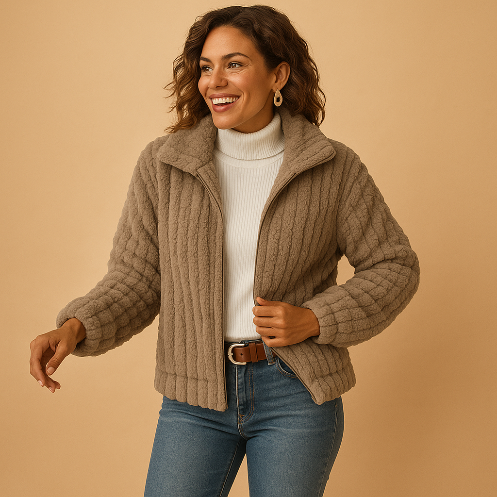 Women’s long fleece jacket with stand collar and pockets, perfect for warmth and stylish winter layering.