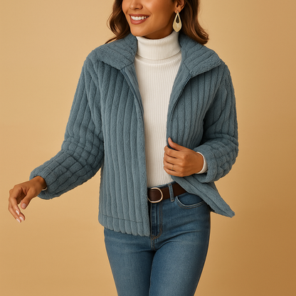 Women’s long fleece jacket with stand collar and pockets, perfect for warmth and stylish winter layering.
