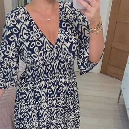 Long Floral Dress with V-neck – Liora-S-Dark blue-Nora Luxe