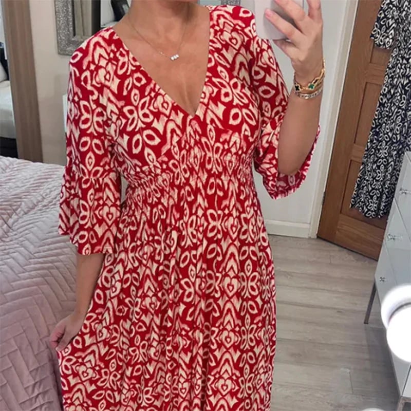 Elegant V Neck Floral Maxi Dress - Pexav