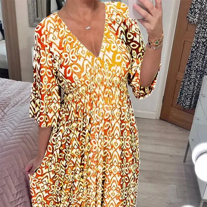 Long Floral Dress with V-neck – Liora-S-Yellow-Nora Luxe