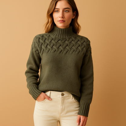 Women’s long knitted turtleneck sweater with flattering fit and soft cozy design, perfect for casual or elegant autumn and winter outfits.