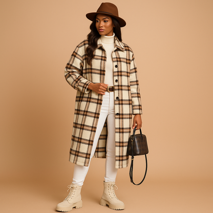 Long plaid coat for women with tailored fit, checkered pattern, lapel collar, and button closure, available in brown, light khaki, and green.
