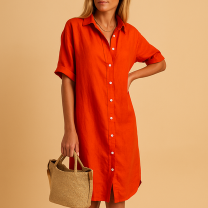 Women’s long shirt dress with short sleeves and relaxed fit, available in multiple colors. Perfect for casual days, office wear, or summer parties.
