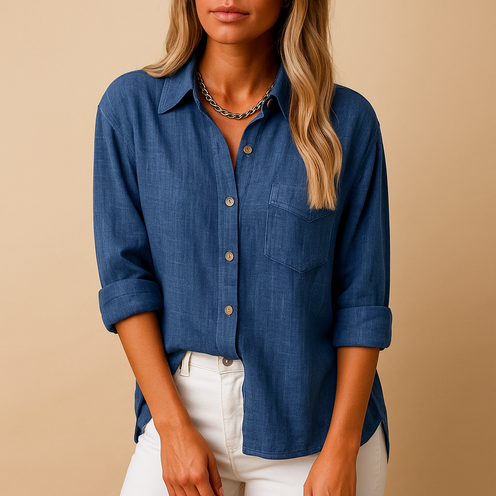 Women’s long sleeve blouse with shirt collar and chest pockets, styled for work, casual outfits, and everyday wear.