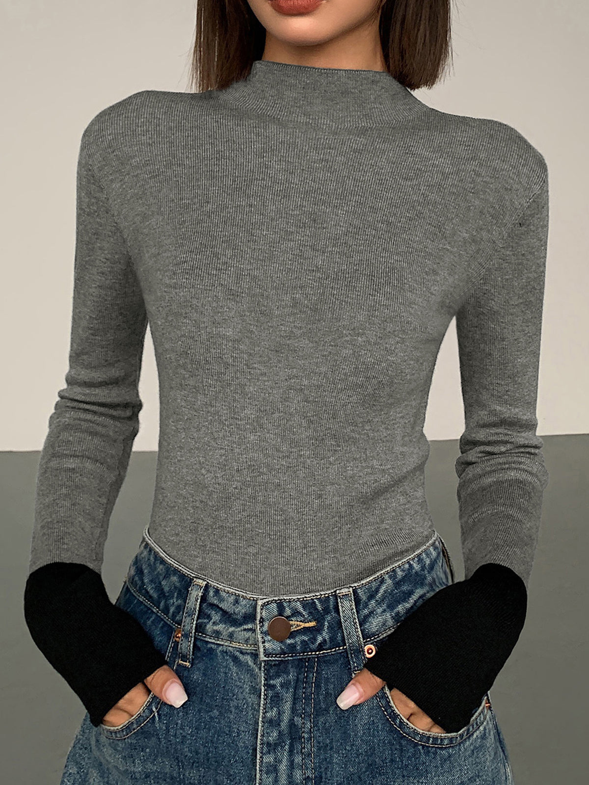 Cozy High Neck Contrast Hem Sweater