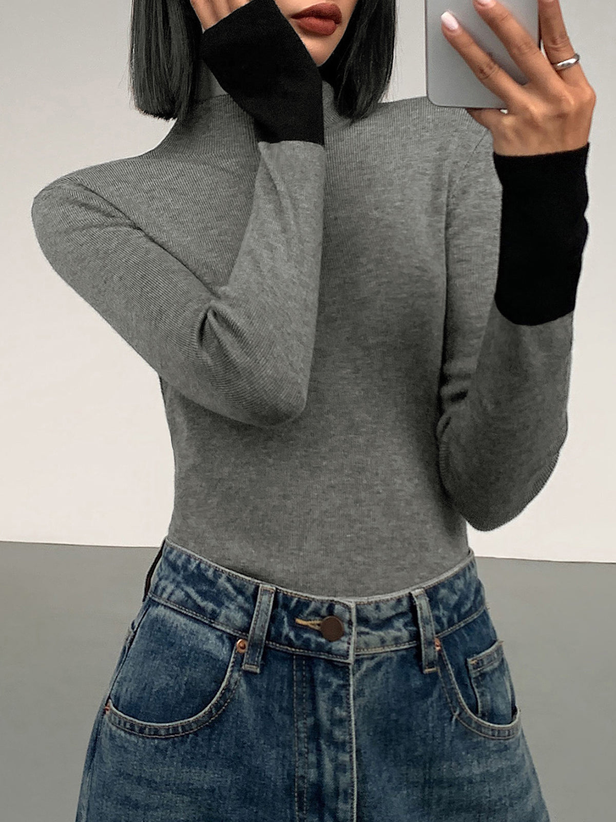 Cozy High Neck Contrast Hem Sweater