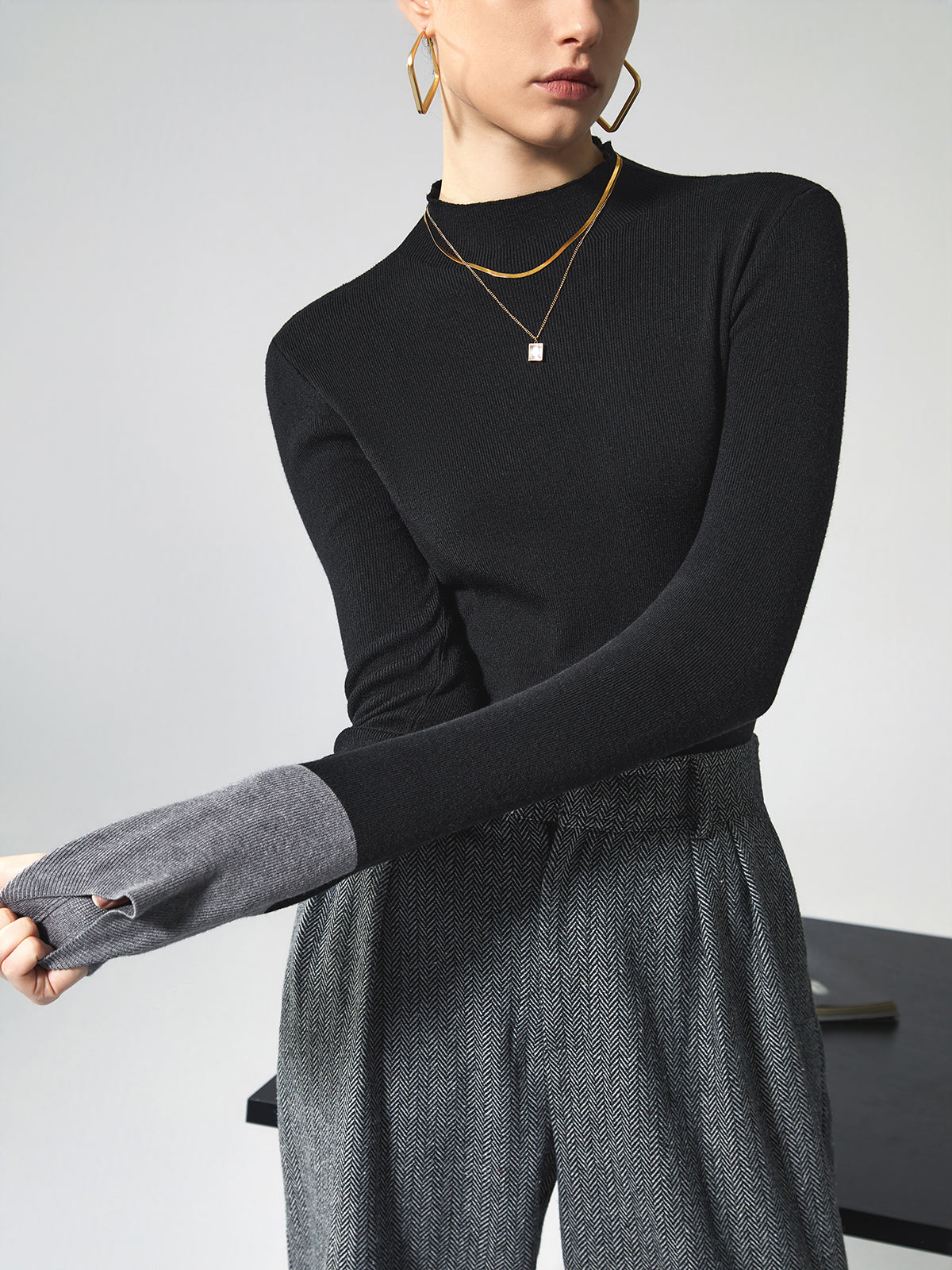 Cozy High Neck Contrast Hem Sweater