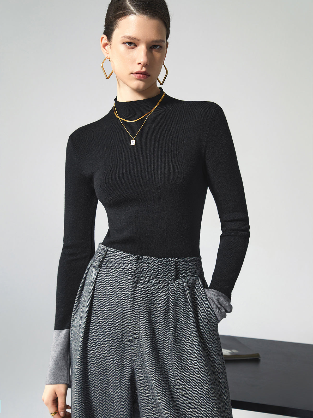 Cozy High Neck Contrast Hem Sweater