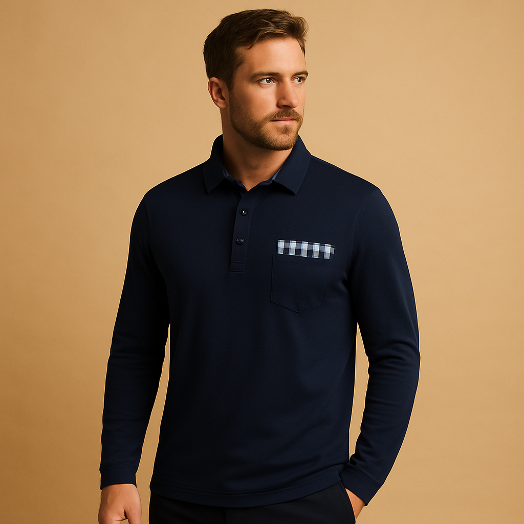 Men’s long sleeve polo shirt with collar and button closure, ideal for casual and business outfits in black, navy, grey, or white.