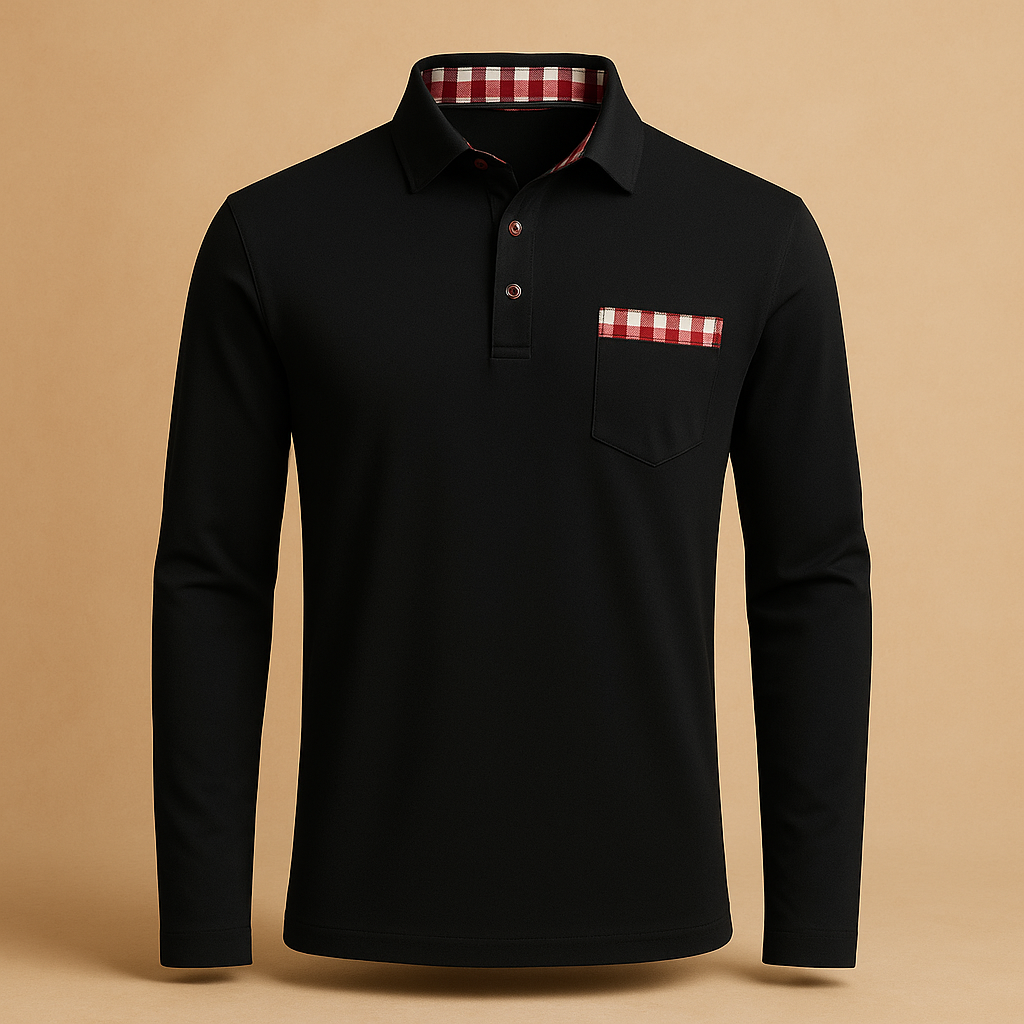 Men’s long sleeve polo shirt with collar and button closure, ideal for casual and business outfits in black, navy, grey, or white.