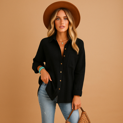 Long sleeve polo shirt for women with a relaxed fit, classic collar, and chest pocket, suitable for work and casual wear.