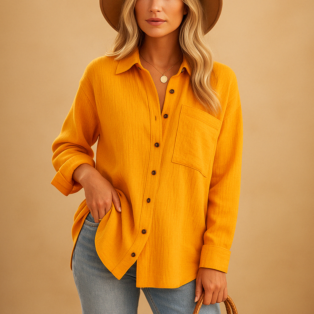 Elegant long sleeve polo shirt for women with a classic collar, button closure, and chest pocket, perfect for work or casual wear.