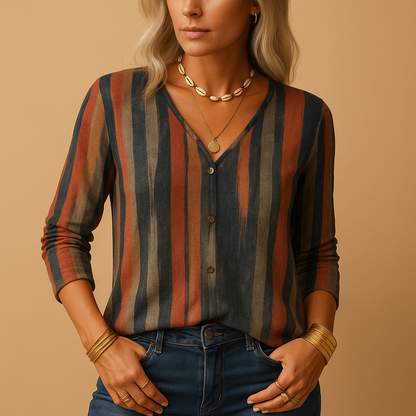 Long sleeve printed top for women with patchwork, stripes, and black-white designs, perfect for casual and trendy everyday wear.
