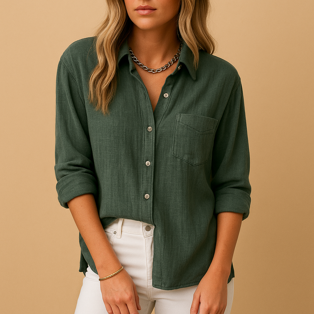 Elegant long sleeve shirt blouse for women with chest pockets and classic collar, perfect for office, casual, or everyday wear.