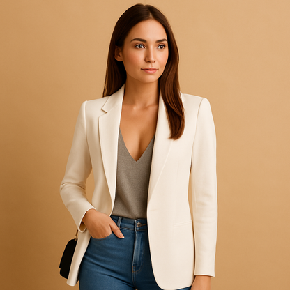 Long slim-fit women’s blazer in multiple classic colors, ideal for office wear, formal events, and stylish everyday looks.