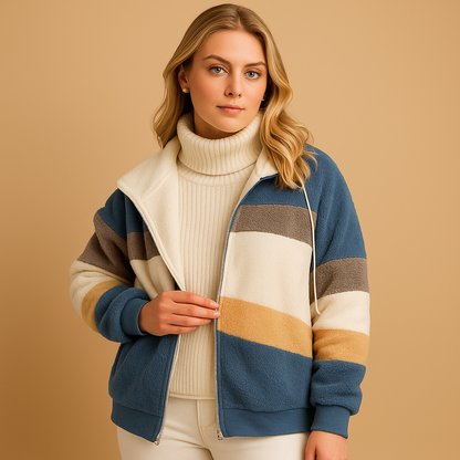 Long plush winter coat for women in warm neutral colors, offering cozy comfort and elegant style for cold days.