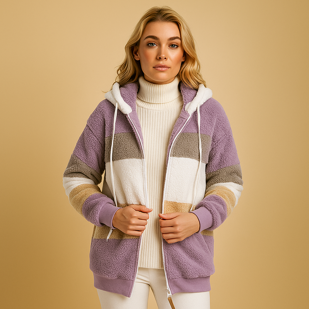 Long plush winter coat for women in warm neutral colors, offering cozy comfort and elegant style for cold days.