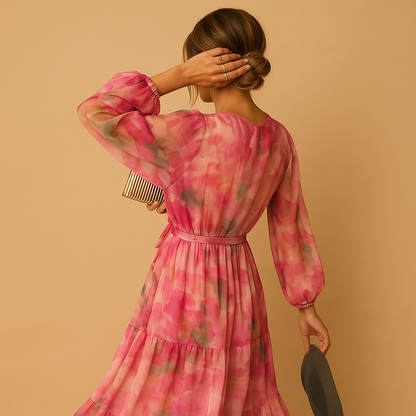 Elegant long summer dress for women with breathable fabric, A-line silhouette, and long sleeves, ideal for casual and semi-formal occasions.
