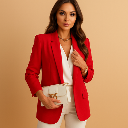 Long tailored blazer for women in classic colors, perfect for office outfits, business occasions, and formal styling.
