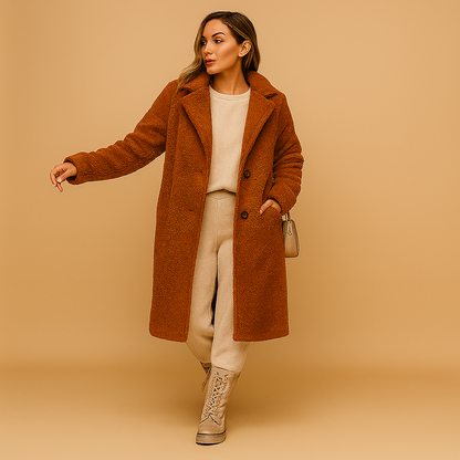 Women’s long teddy coat in soft fabric with elegant silhouette, perfect for winter warmth and stylish city or formal looks.