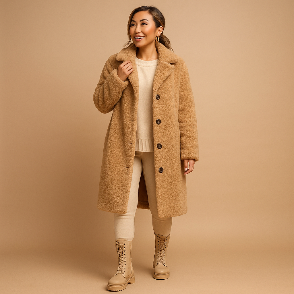 Women’s long teddy coat in soft fabric with elegant silhouette, perfect for winter warmth and stylish city or formal looks.