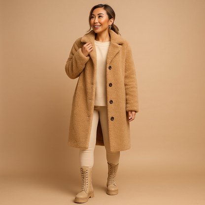 Women’s long teddy coat in soft fabric with elegant silhouette, perfect for winter warmth and stylish city or formal looks.